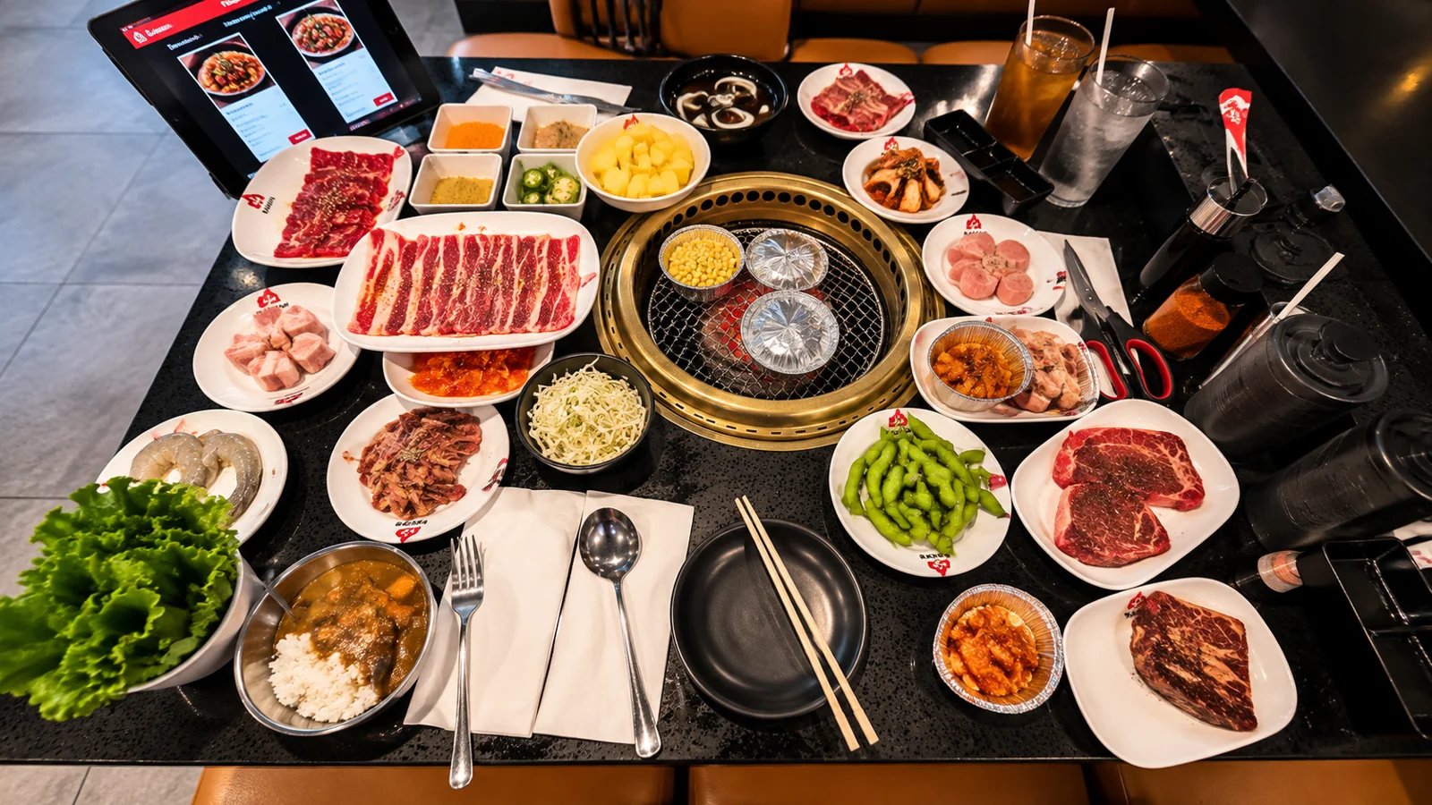 A table full of meats, seafood, vegetables and sides