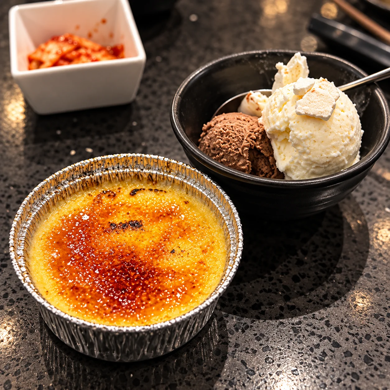 Crème brûlée and ice cream