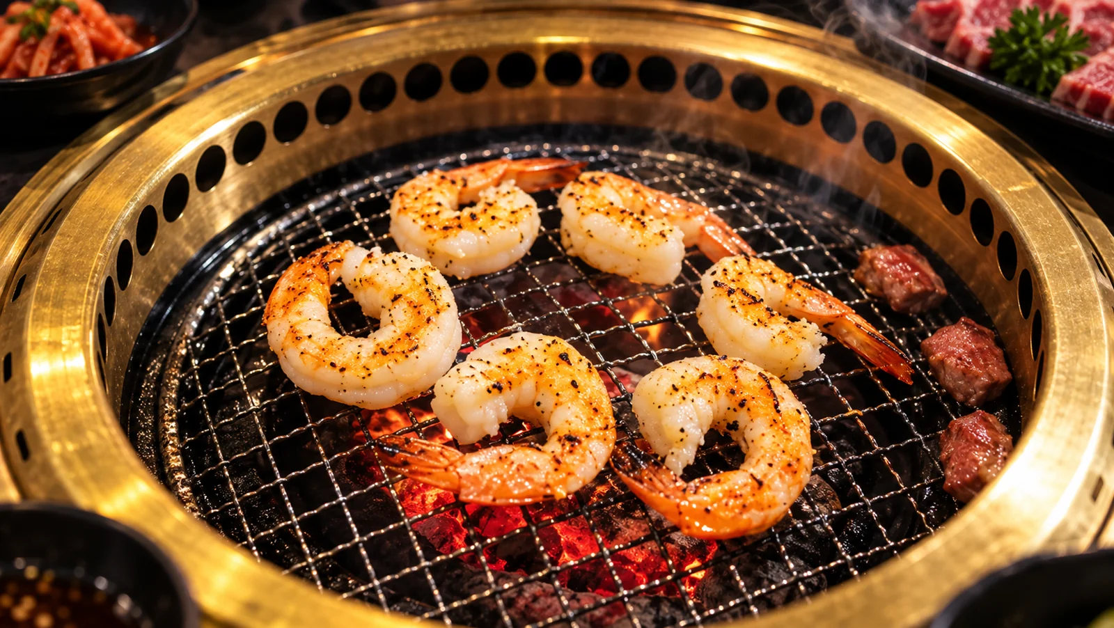 Shrimp sizzling on a tabletop grill