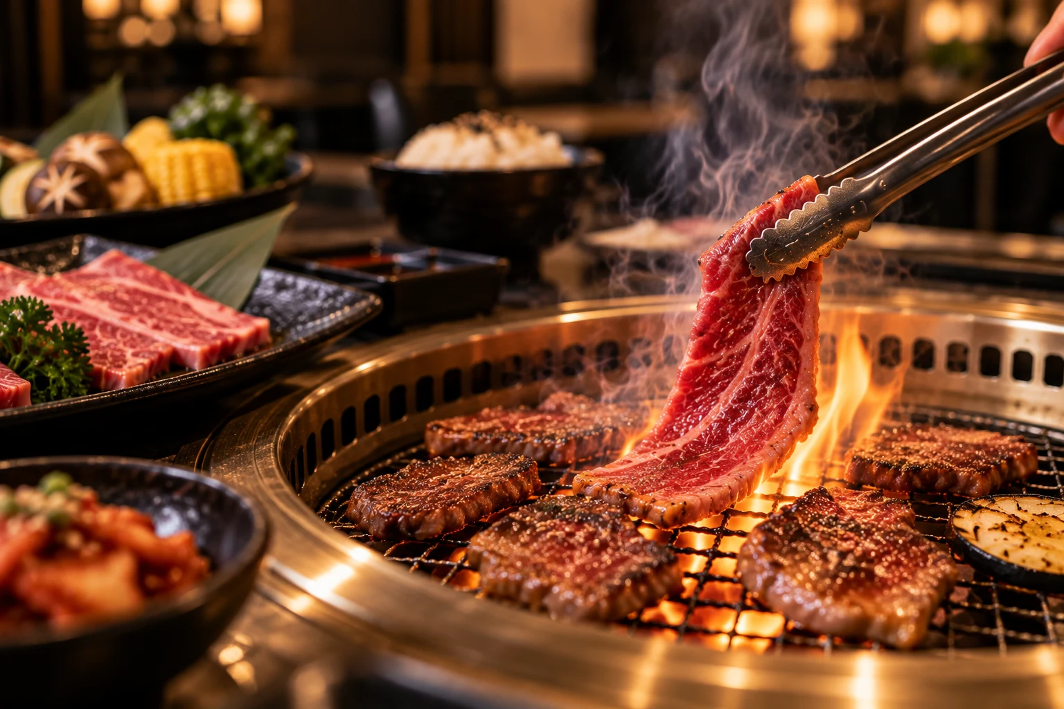 Marbled beef sizzling over a tabletop Japanese grill